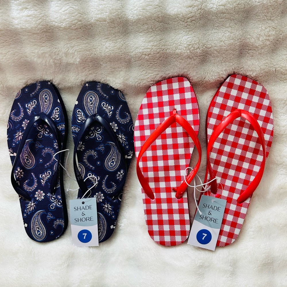 *Bundle* 2 Pairs Shade & Shore Flip Flops Red & White Gingham Blue Bandana Sz. 7